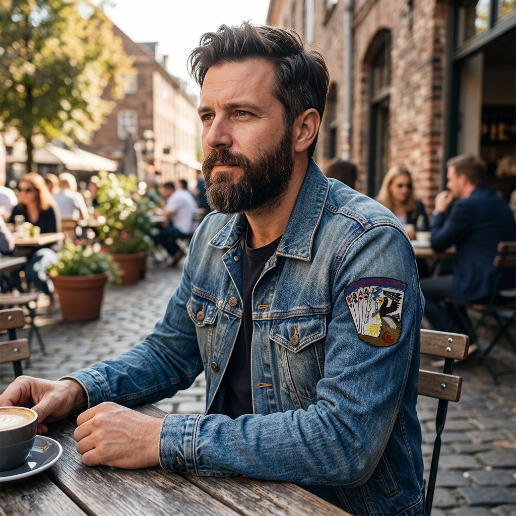 Small Dead Mans Hand patch on a denim jacket sleeve at an outdoor cafe