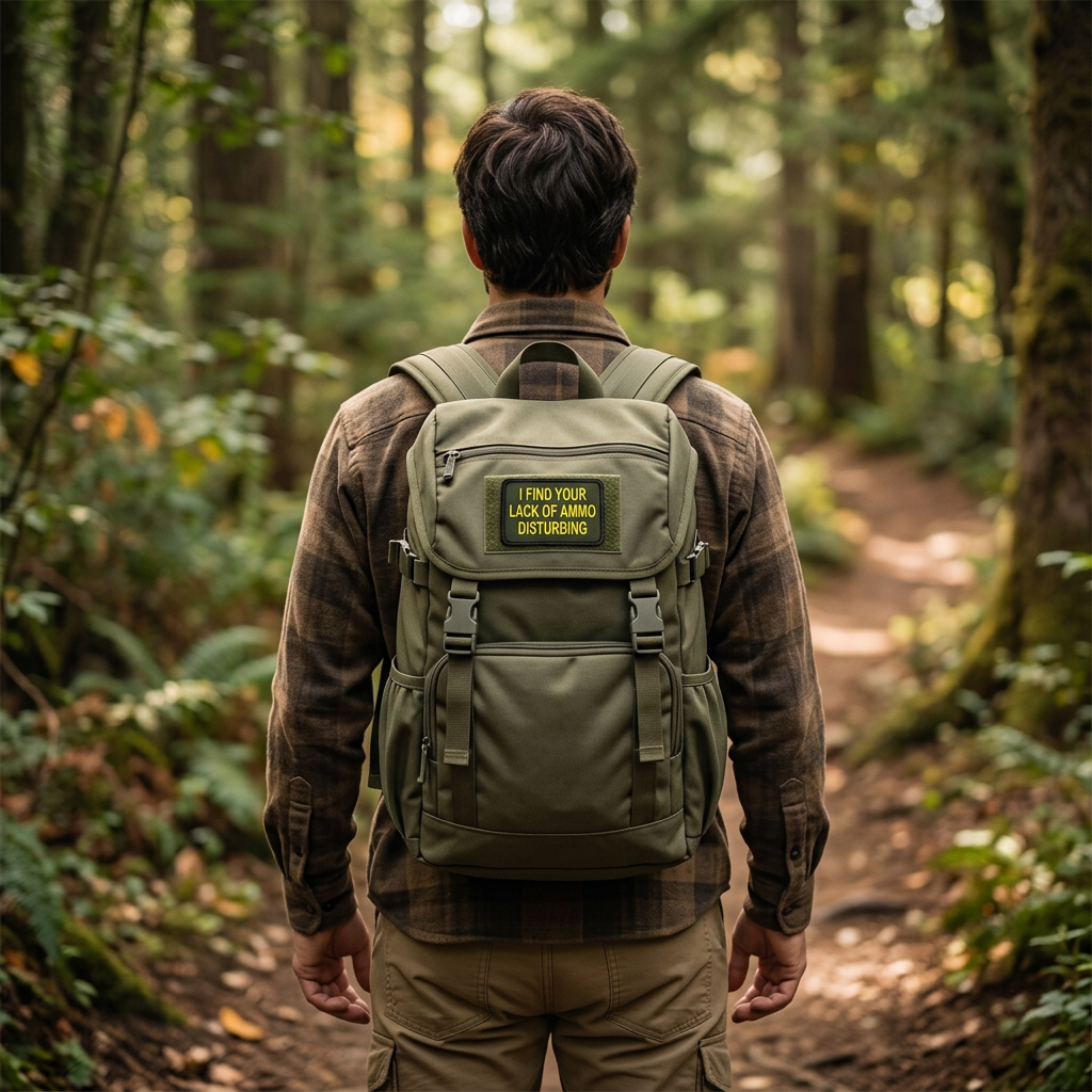 Lack Of Ammo patch on an olive hiking backpack on a forest trail