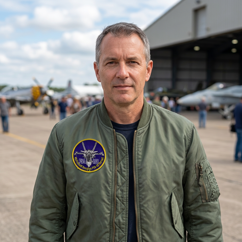 F/A-18 Hornet patch worn on an olive flight jacket at an airshow