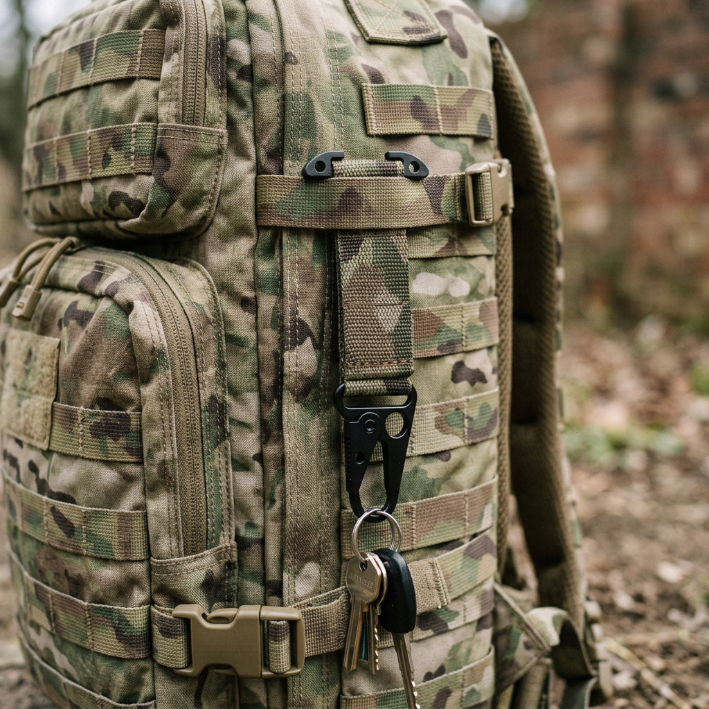 Multicam tactical key holder threaded behind the MOLLE webbing of a Multicam assault backpack, hook and keys hanging free