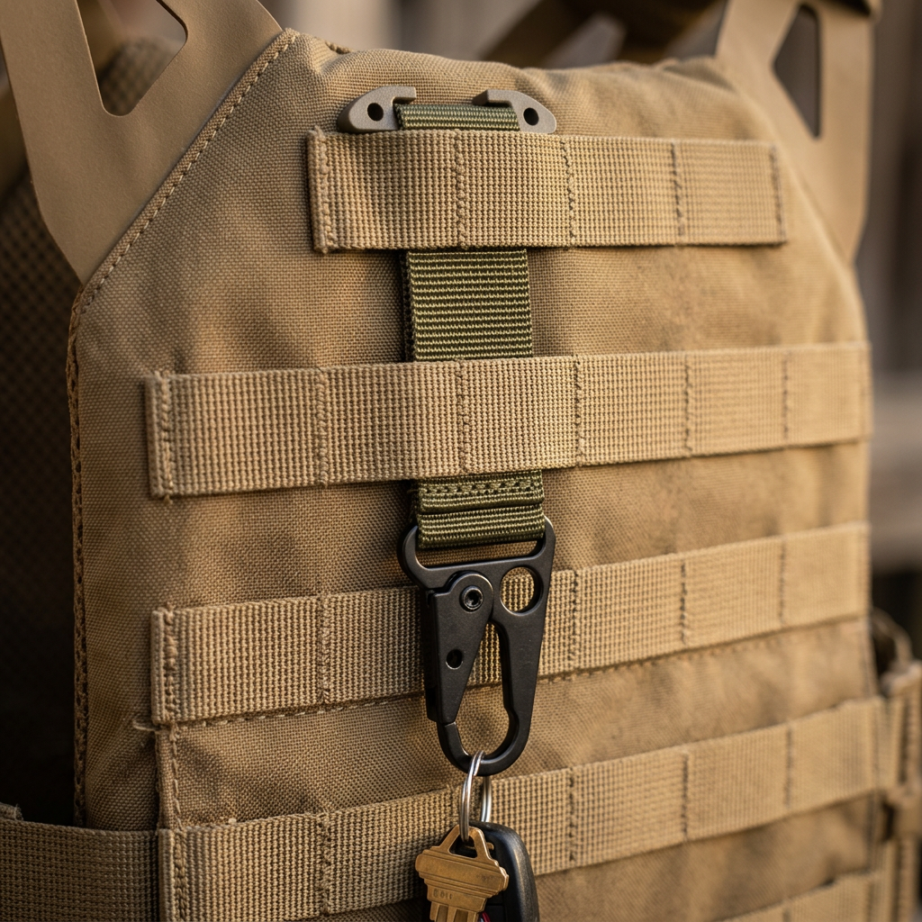 OD green tactical key holder strap threaded behind the MOLLE webbing rows of a tan plate carrier vest, webbing crossing in front, hook and keys hanging free