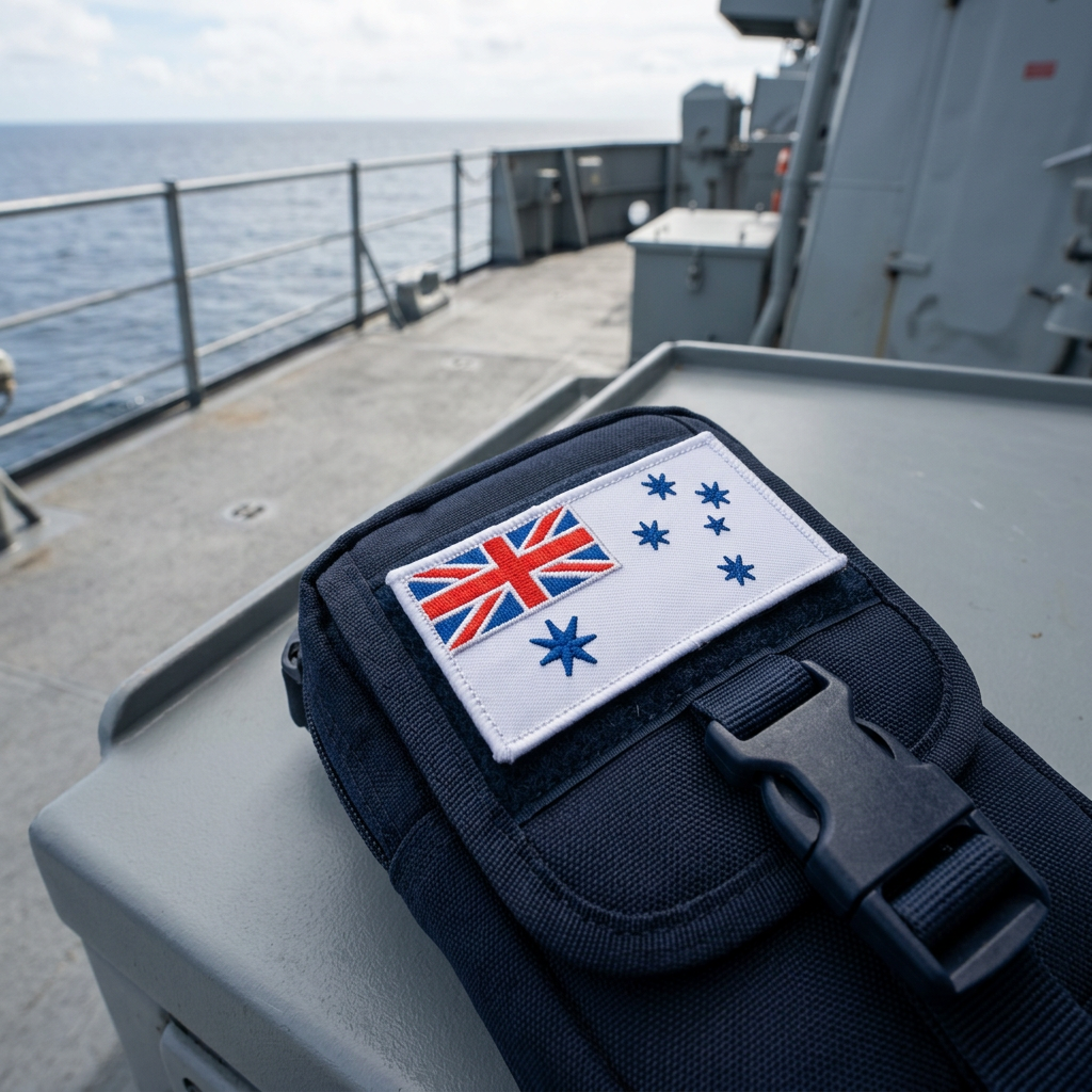 AI-generated lifestyle mockup of Navy White Ensign patch on a pouch beside naval deck railings