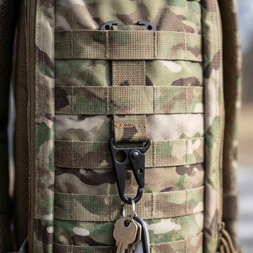 Multicam tactical key holder strap threaded behind the MOLLE webbing rows of a Multicam assault backpack, webbing crossing in front, hook and keys hanging free
