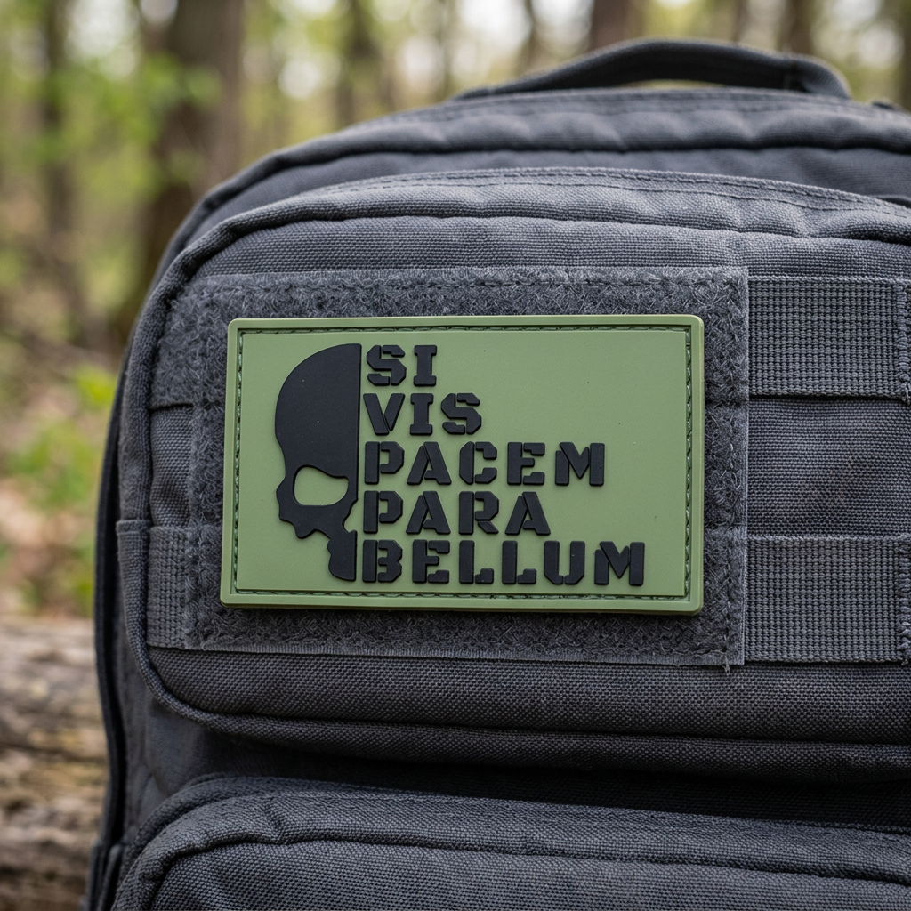 Green Para Bellum PVC patch on a charcoal tactical backpack