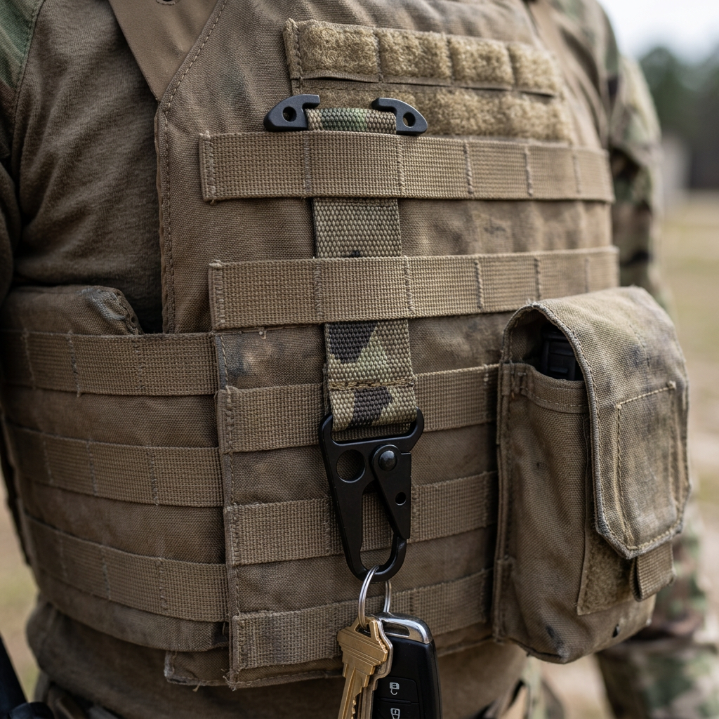 Multicam tactical key holder strap threaded behind the MOLLE webbing rows of a plate carrier vest, webbing crossing in front, hook and keys hanging free