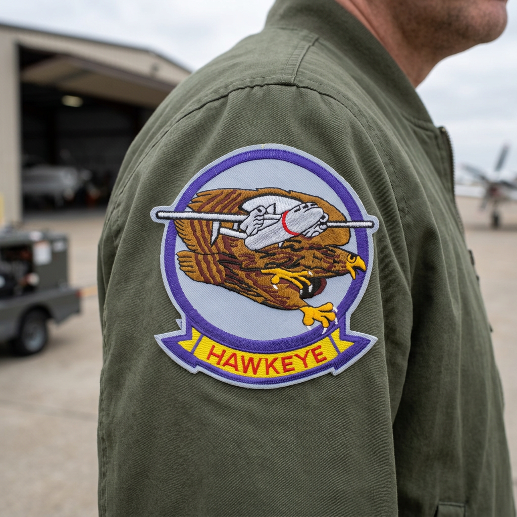 Hawkeye morale patch on an olive flight jacket at a hangar