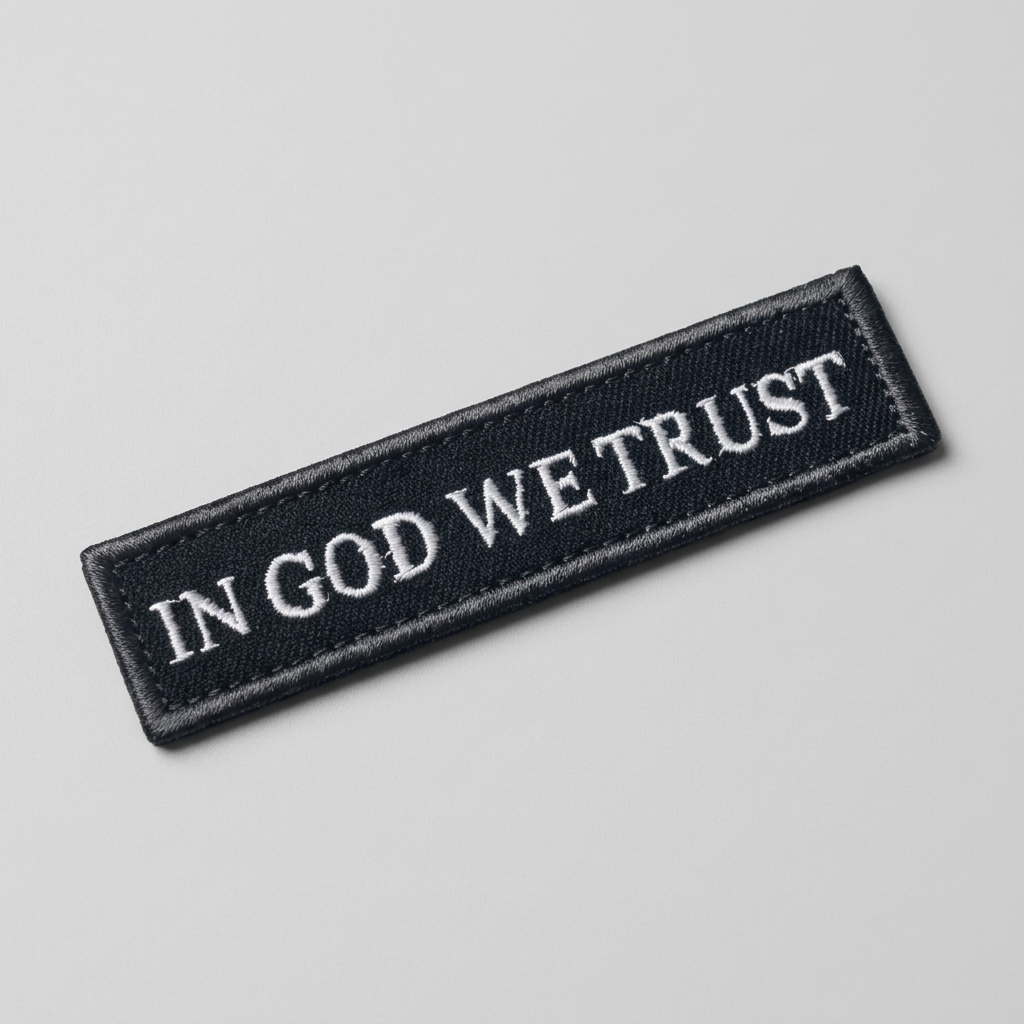 In God We Trust embroidered patch angled on a light grey studio surface