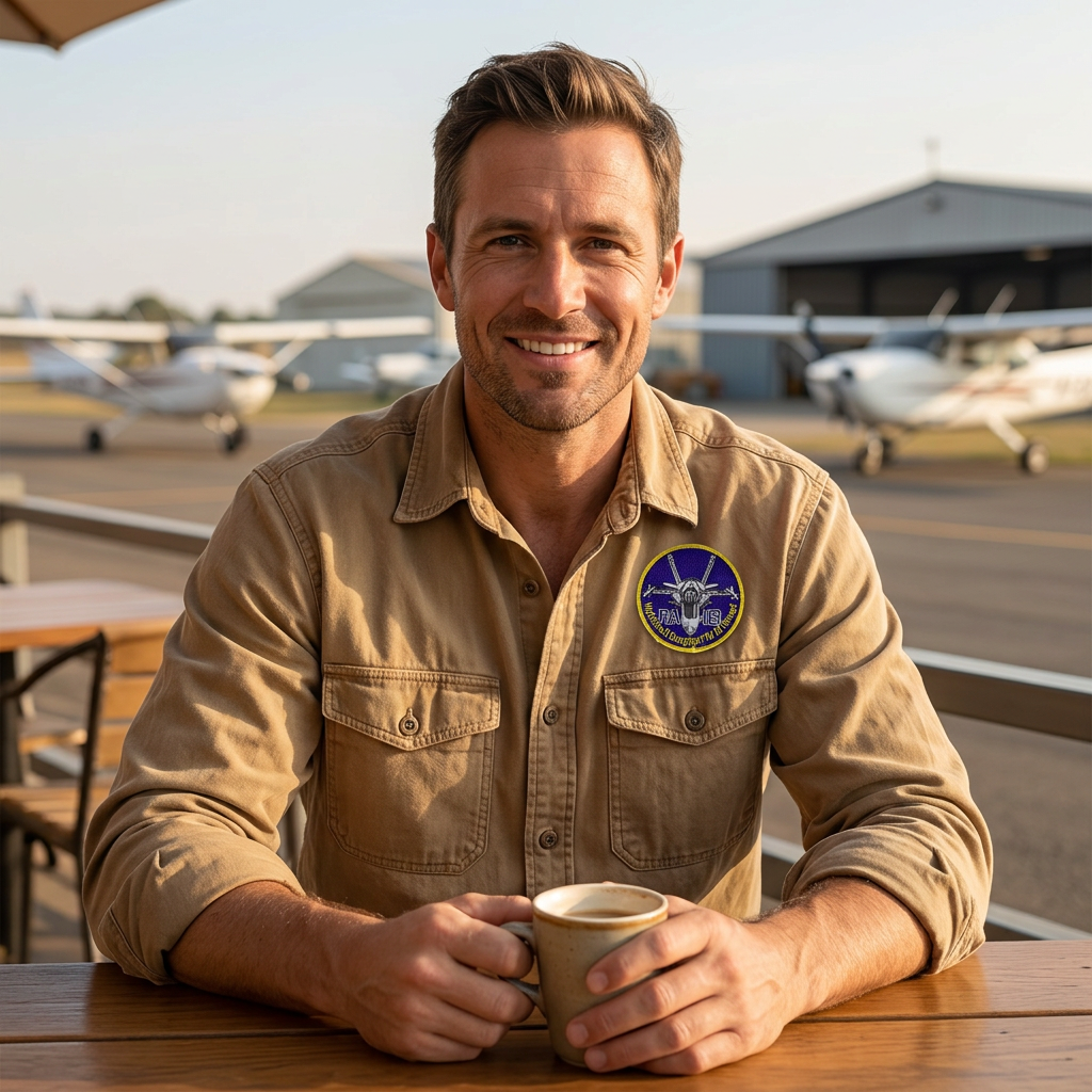 F/A-18 Hornet patch on a tan overshirt at an airfield cafe