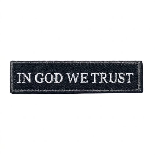 In God We Trust black embroidered patch with white lettering on a white background www.moralepatches.com.au