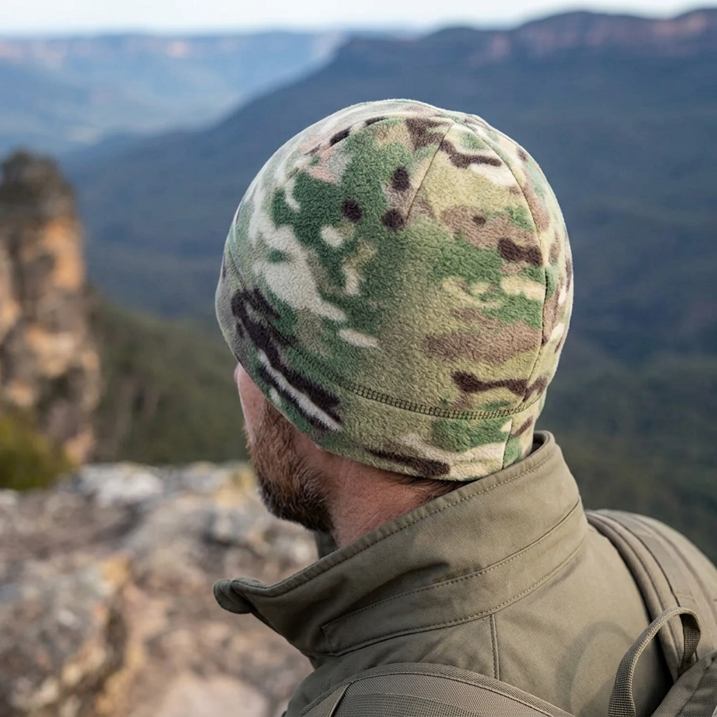 Rear view of Multicam tactical beanie worn at a mountain lookout