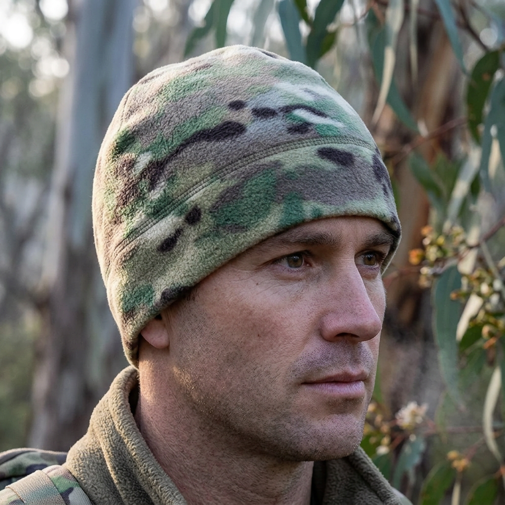 Multicam fleece tactical beanie worn on a eucalyptus bushwalk