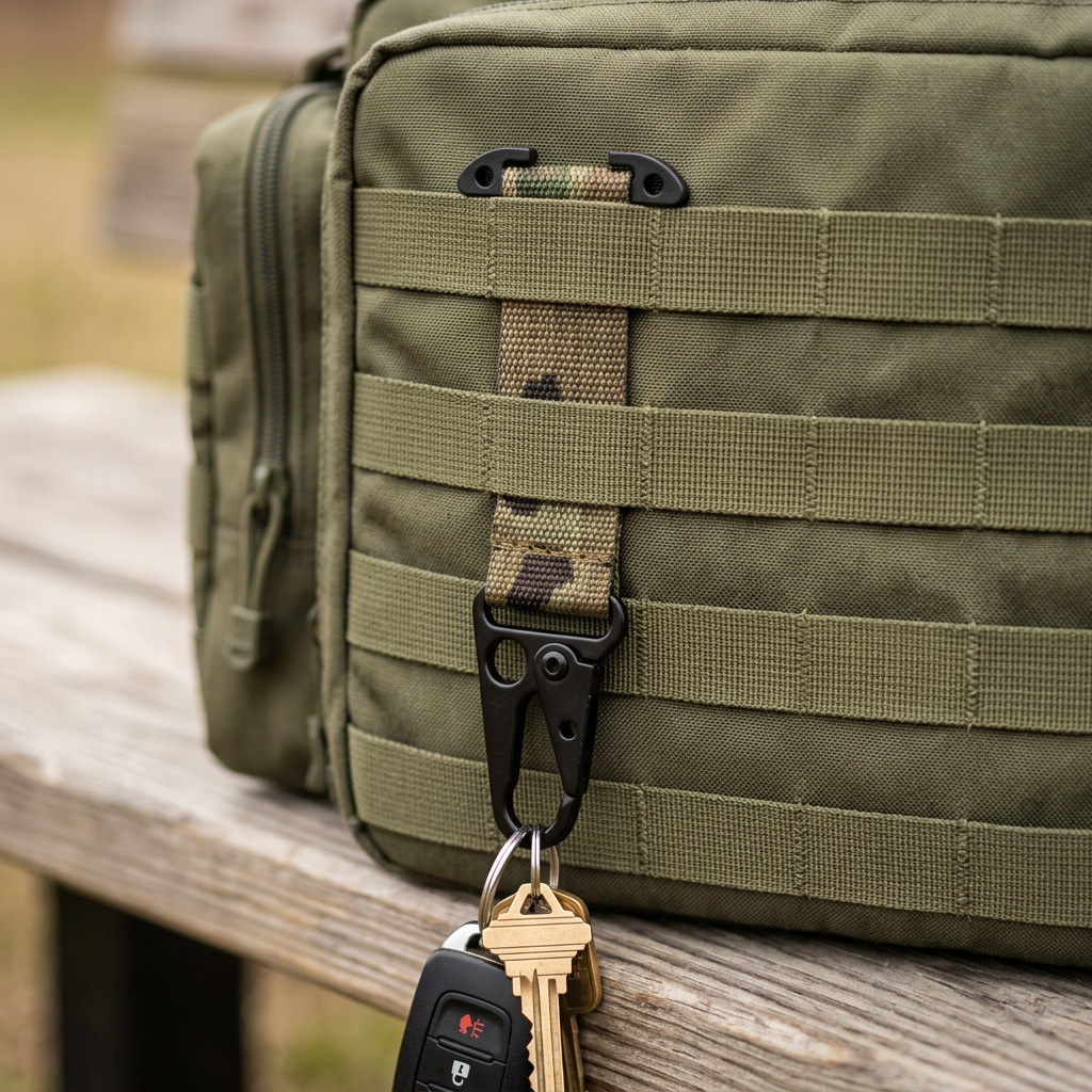 Multicam tactical key holder strap threaded behind the MOLLE webbing rows of an olive-green tactical range bag, webbing crossing in front, hook and keys hanging free