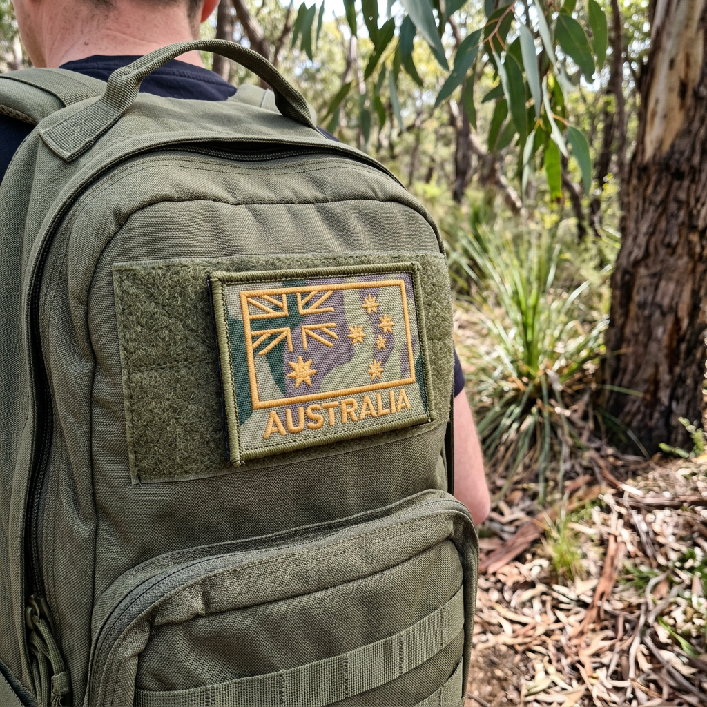 Multicam Australian flag patch on an olive hiking backpack in bushland