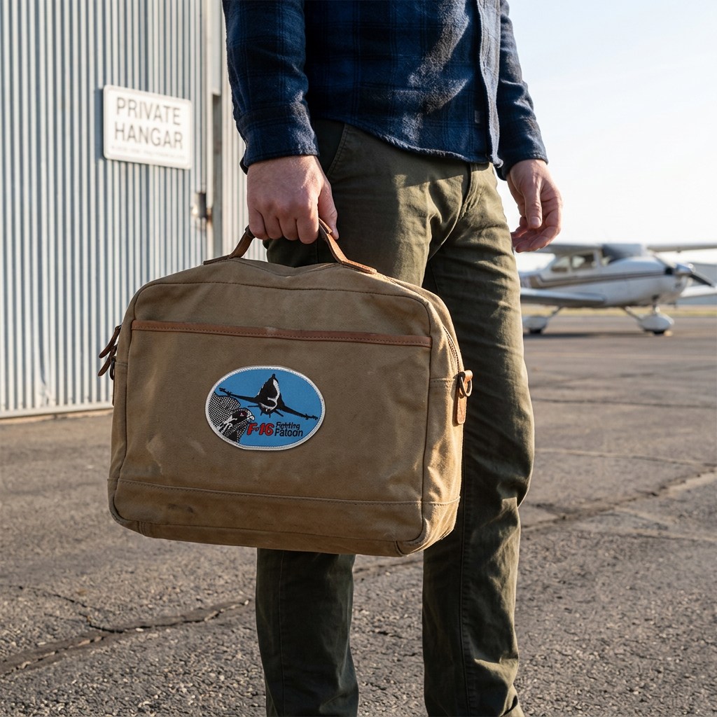 F16 Fighting Falcon patch on a tan canvas kit bag being carried at an airfield