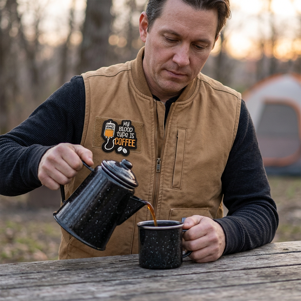 My Blood Type Is Coffee patch on a tan vest while pouring campsite coffee