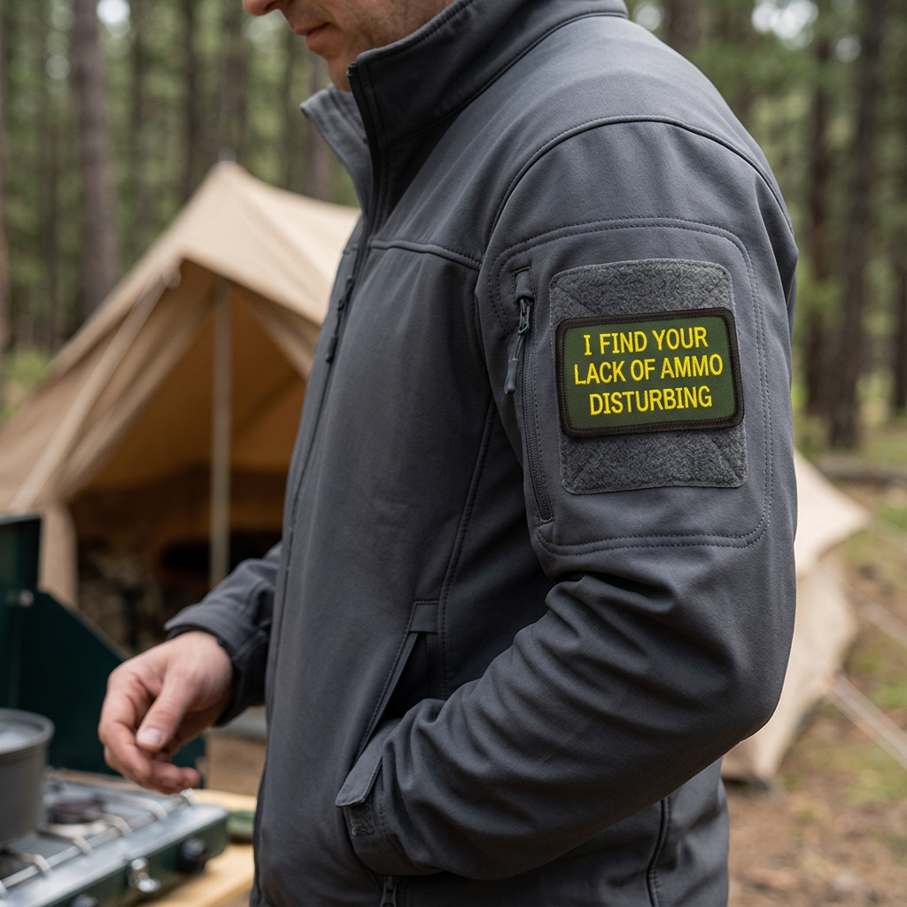 Lack Of Ammo patch attached to a charcoal jacket sleeve at a campsite