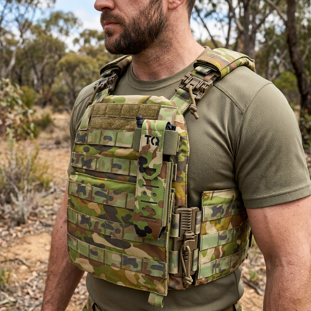 AMCU laser cut tourniquet holder mounted vertically on the front of an AMCU plate carrier