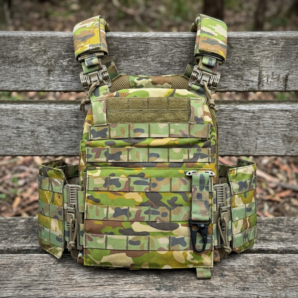 Small tactical key holder on lower MOLLE column of AMCU plate carrier at camp