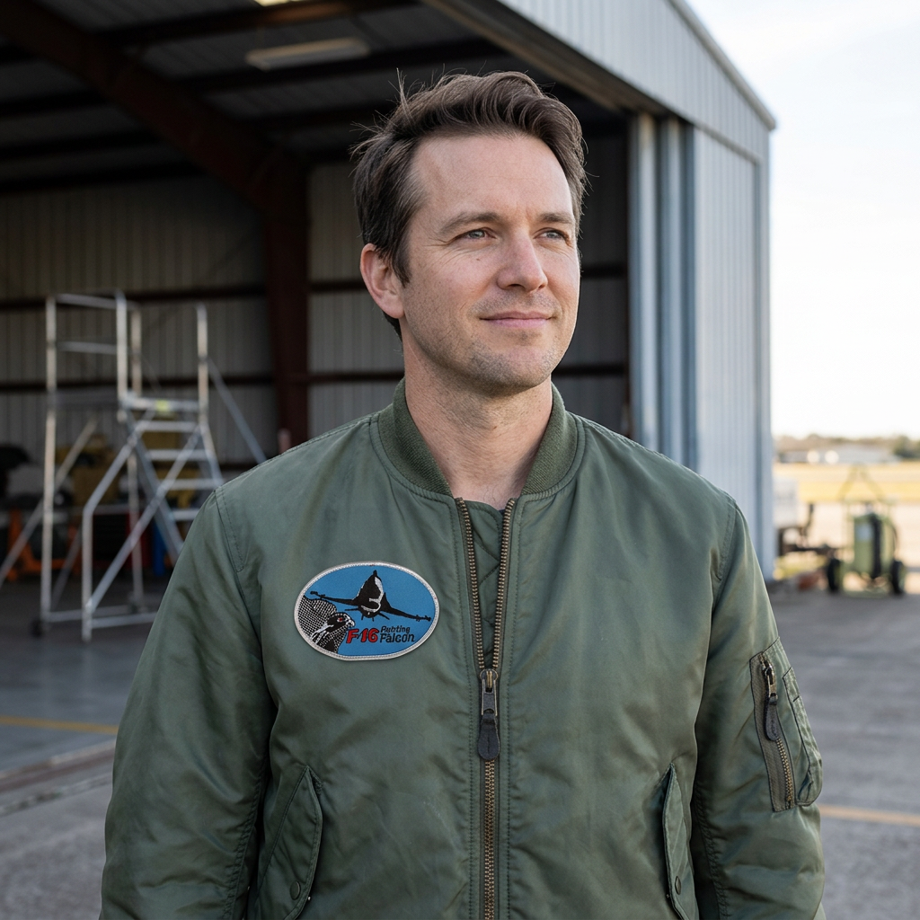 F16 Fighting Falcon patch on an olive flight jacket beside a hangar