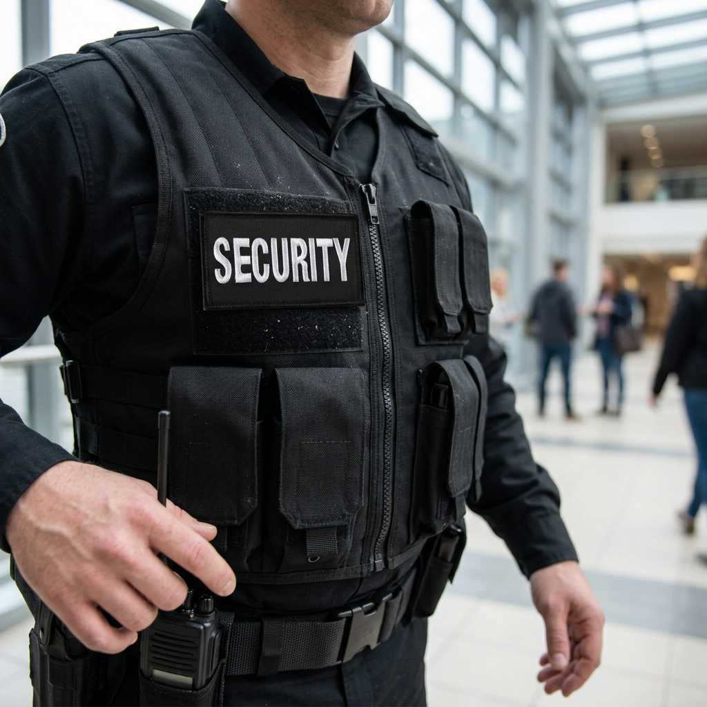 Security Patch Medium Velcro Backed on the chest of a black tactical vest worn indoors at a commercial facility