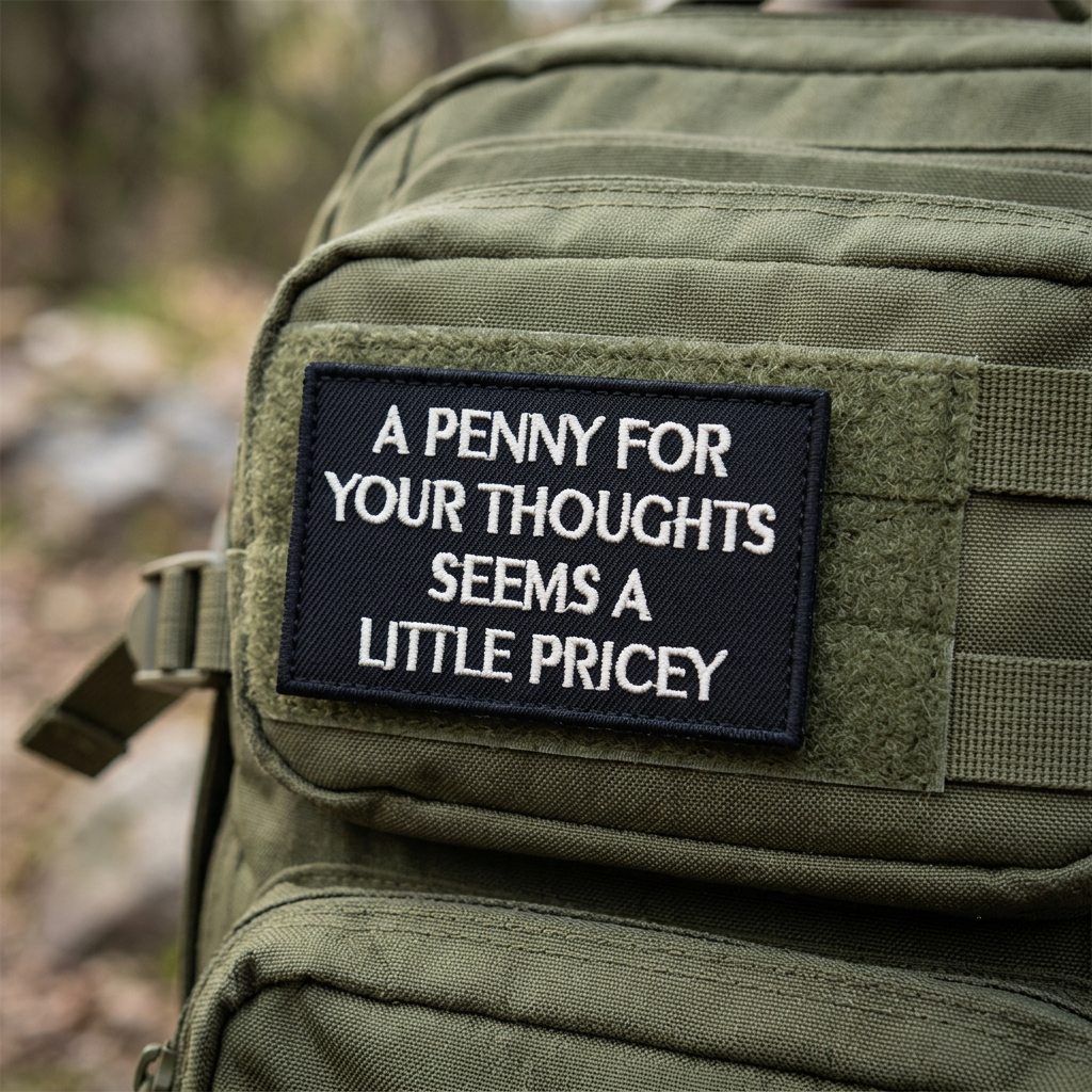 A Penny For Your Thoughts patch attached to an olive backpack