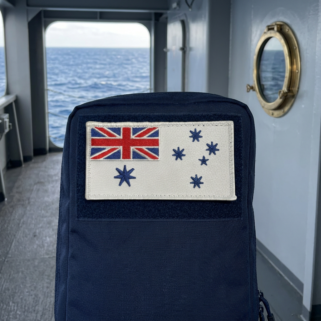 AI-generated lifestyle mockup of Navy White Ensign patch in a shipboard passageway