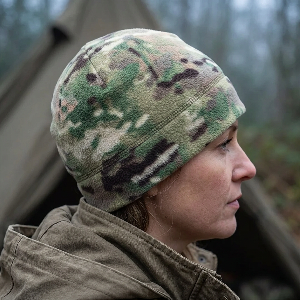 Side view of Multicam tactical beanie worn at a campsite