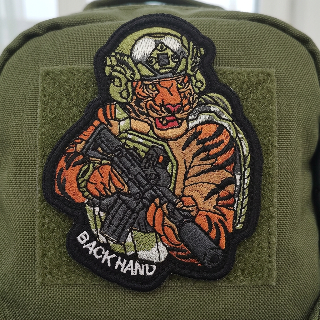 Dark-orange Tactical Tiger embroidered patch on an olive backpack