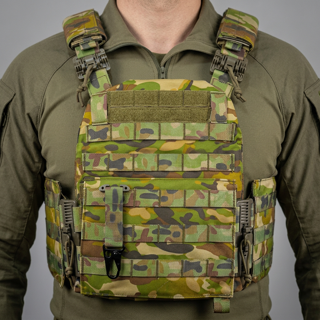 Small tactical key holder mounted on lower MOLLE column of worn AMCU plate carrier