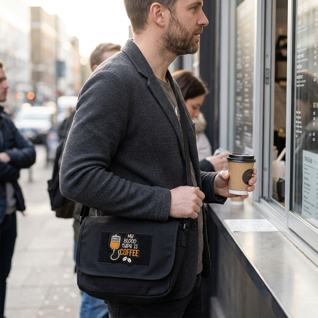 My Blood Type Is Coffee patch on a black messenger bag at a takeaway coffee window