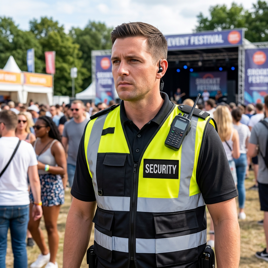 Security Patch Medium Velcro Backed on the chest of a hi-vis safety vest worn at an outdoor event