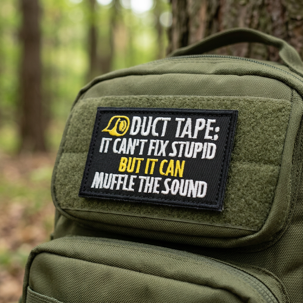 Duct Tape embroidered patch mounted on an olive backpack