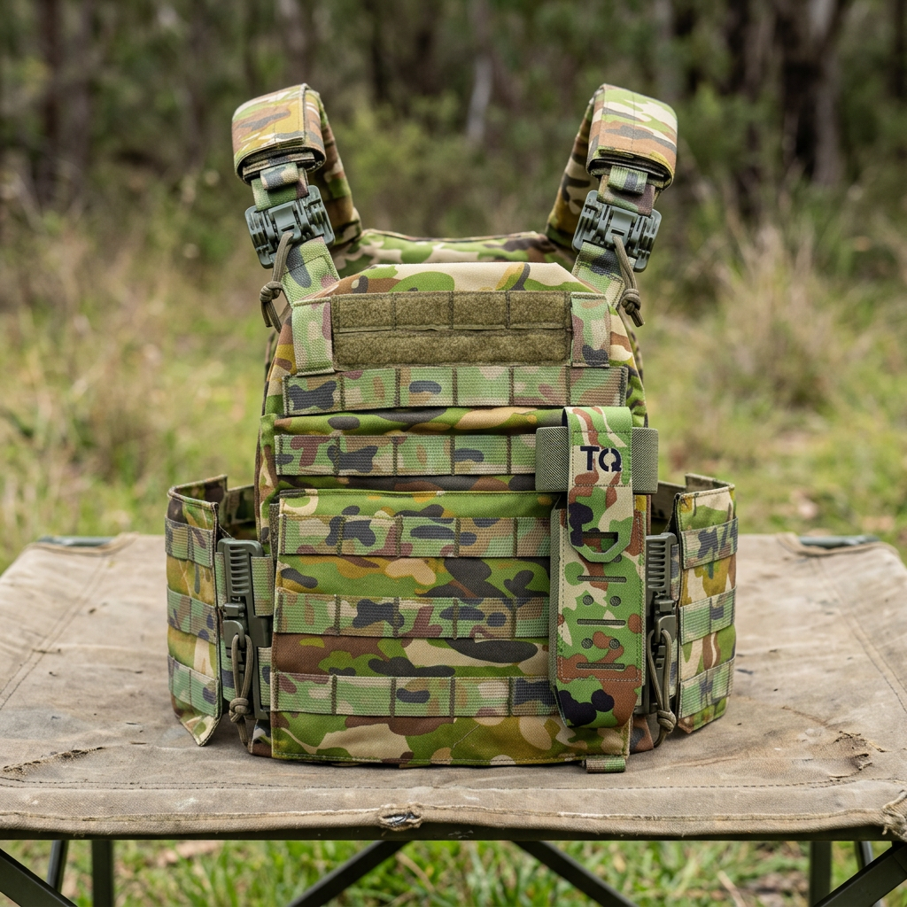 AMCU tourniquet holder on an AMCU carrier displayed on a camp table