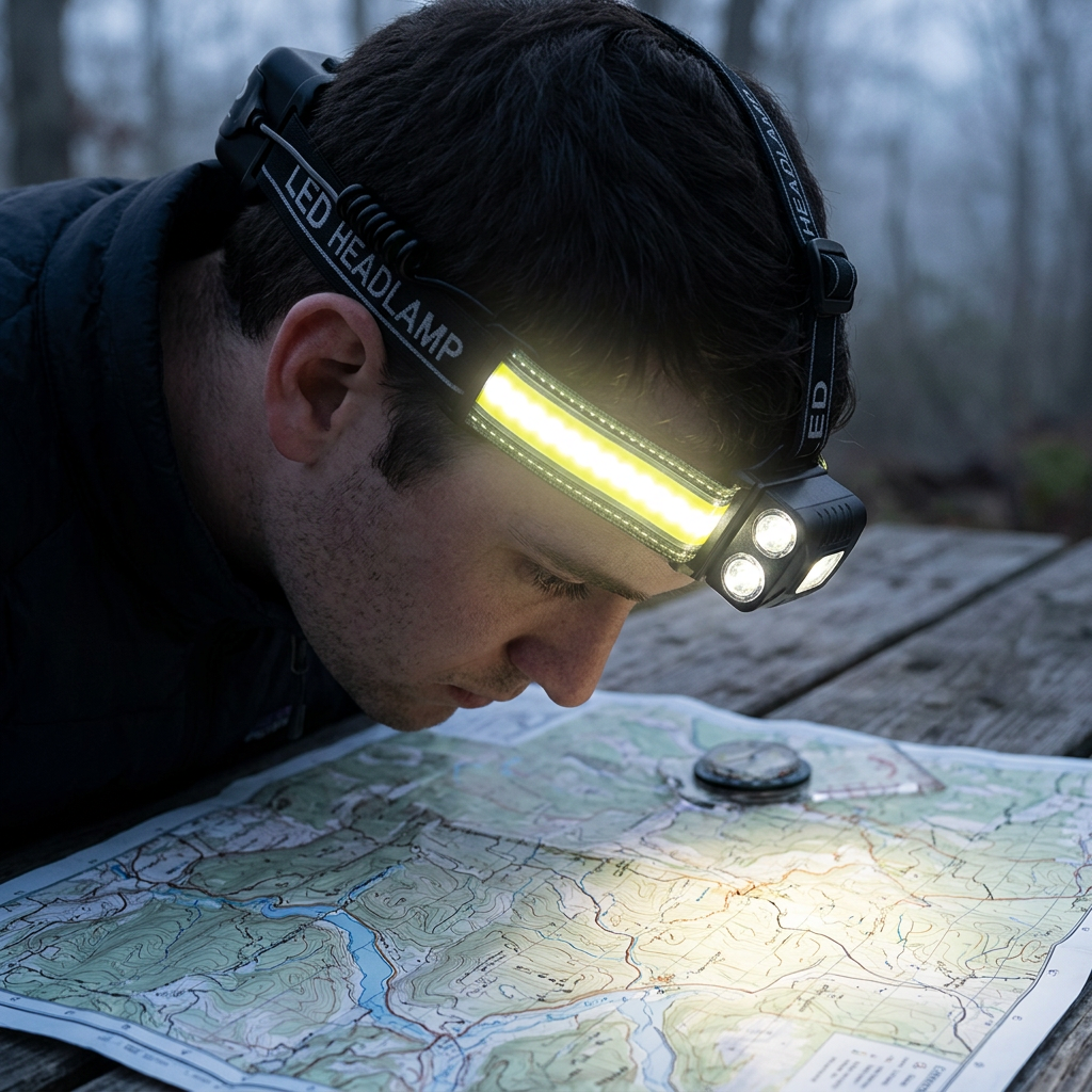 Hiker wearing the LED head torch with its strip glowing white, lighting a topographic map at dawn