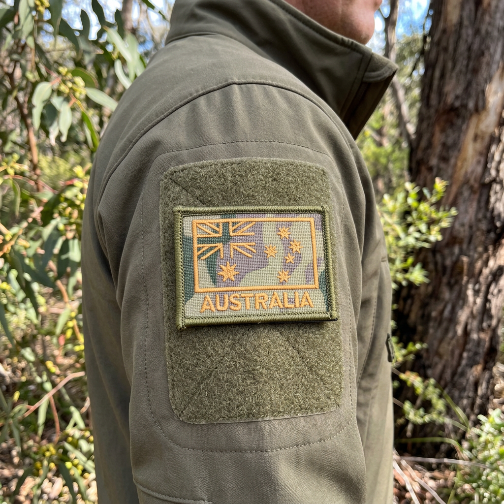 Multicam Australian flag patch on an olive outdoor jacket sleeve