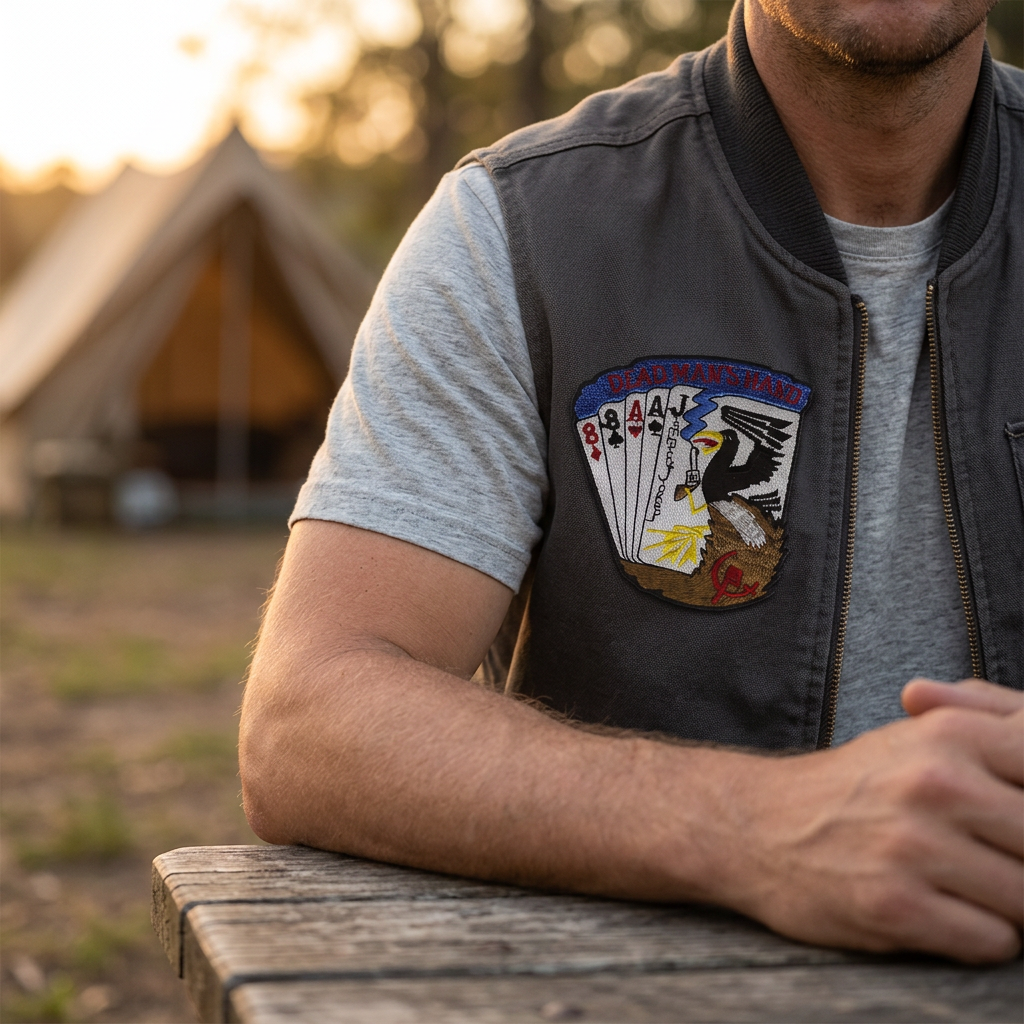 Dead Mans Hand morale patch on a charcoal vest at a campsite