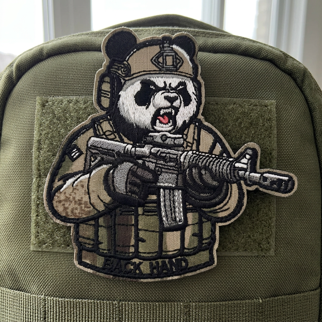 Tactical Panda embroidered patch displayed on an olive backpack, AI-generated lifestyle image
