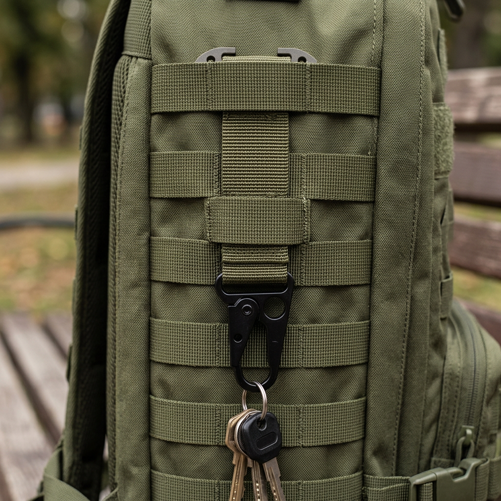 OD green tactical key holder strap threaded behind the MOLLE webbing rows of an olive-green assault backpack, webbing crossing in front, hook and keys hanging free