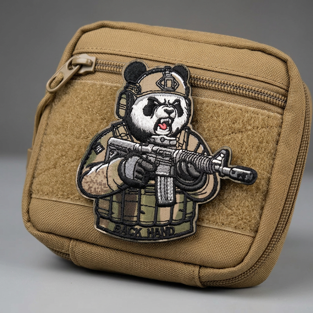 Tactical Panda embroidered patch on a sand-coloured pouch, AI-generated lifestyle image