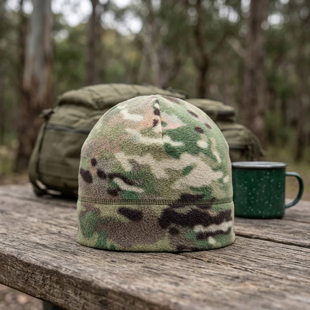 Multicam fleece beanie on a timber camp table