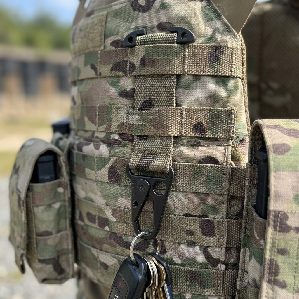 Multicam tactical key holder attached to the MOLLE webbing of a plate carrier vest, holding a set of keys