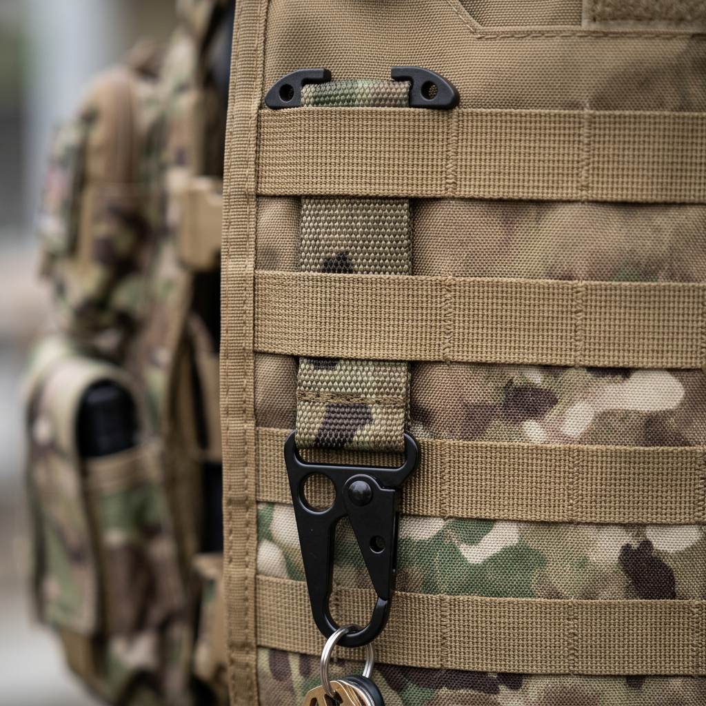 Multicam tactical key holder strap threaded behind the MOLLE webbing rows of a tactical chest rig, webbing crossing in front, hook and key hanging free