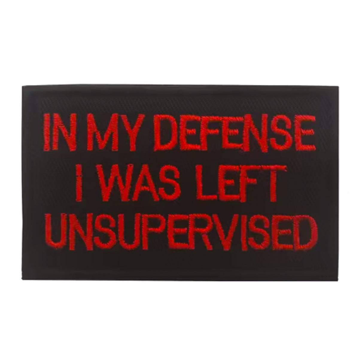 Unleash your rebellious spirit with the In My Defense I Was Left Unsupervised Morale Patch in red text! Featuring an embroidered design and hook &amp; loop backing, this 8x5cm patch is the perfect addition to your collection. Show off your unapologetic confidence and unique sense of humour with this high-quality product. www.moralepatches.com.au