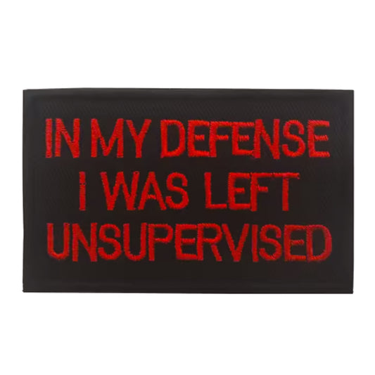 Unleash your rebellious spirit with the In My Defense I Was Left Unsupervised Morale Patch in red text! Featuring an embroidered design and hook &amp; loop backing, this 8x5cm patch is the perfect addition to your collection. Show off your unapologetic confidence and unique sense of humour with this high-quality product. www.moralepatches.com.au