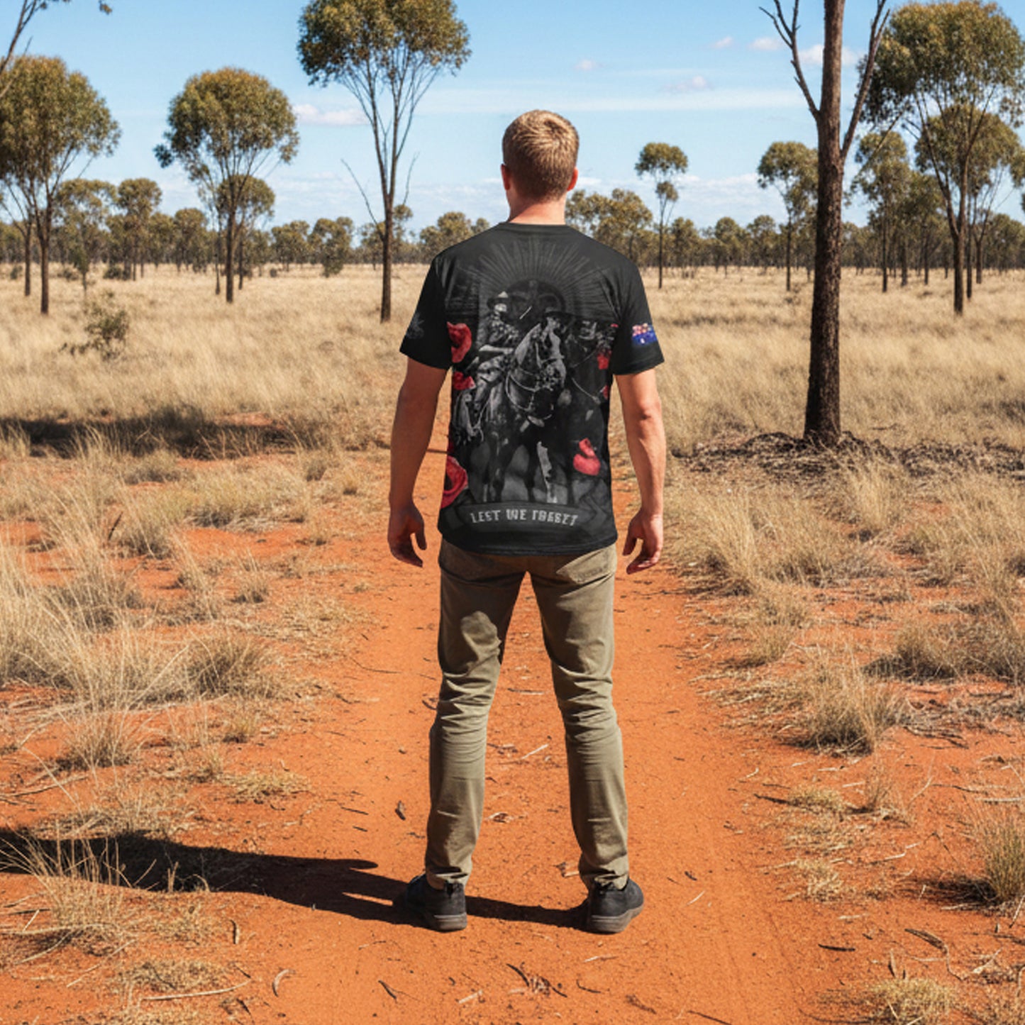 Honour Australia's legendary Light Horse with this striking poppy tribute tee. Crafted from breathable 100% polyester, it's designed for comfort whether you're wearing it casually or as a meaningful statement piece. Perfect for those who value our military heritage and want to keep that proud legacy visible every day. www.moralepatches.com.au