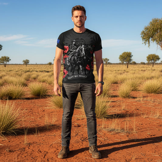 Honour Australia's legendary Light Horse with this striking poppy tribute tee. Crafted from breathable 100% polyester, it's designed for comfort whether you're wearing it casually or as a meaningful statement piece. Perfect for those who value our military heritage and want to keep that proud legacy visible every day. www.moralepatches.com.au