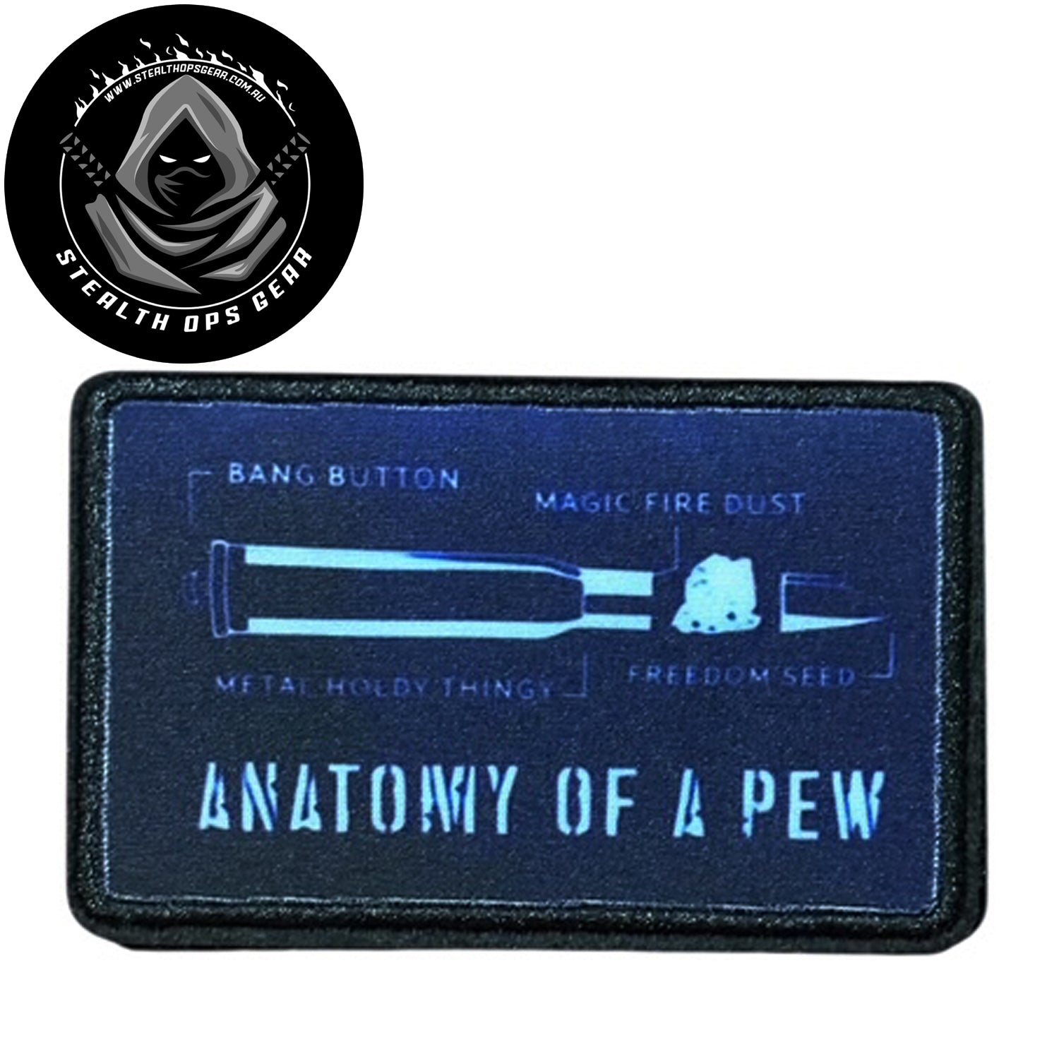 Anatomy Of A Pew Embroidery Morale Patch - Stealth Ops Gear, measuring 8x5cm, is a striking and durable addition to personalize your gear with style and toughness. www.moralepatches.com.au