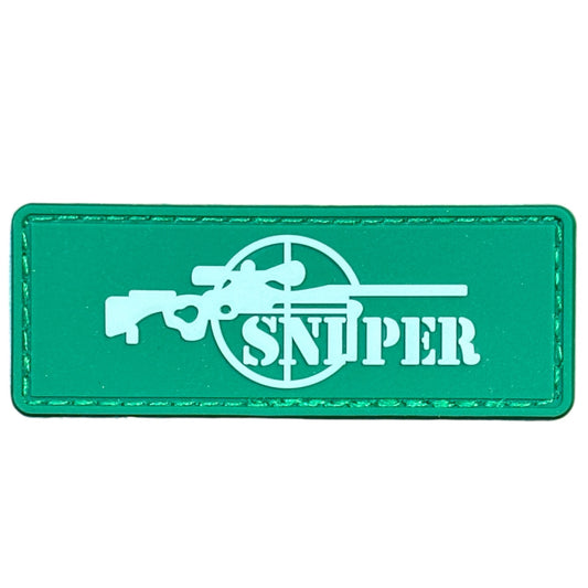 Make a bold statement with the Sniper PVC Green Morale Patch Hook &amp; Loop. This striking 8x3cm patch features laser-cut precision detailing that demands attention. Backed with both hook and loop fasteners, it's ready to attach to tactical gear, backpacks, or uniforms instantly. www.moralepatches.com.au