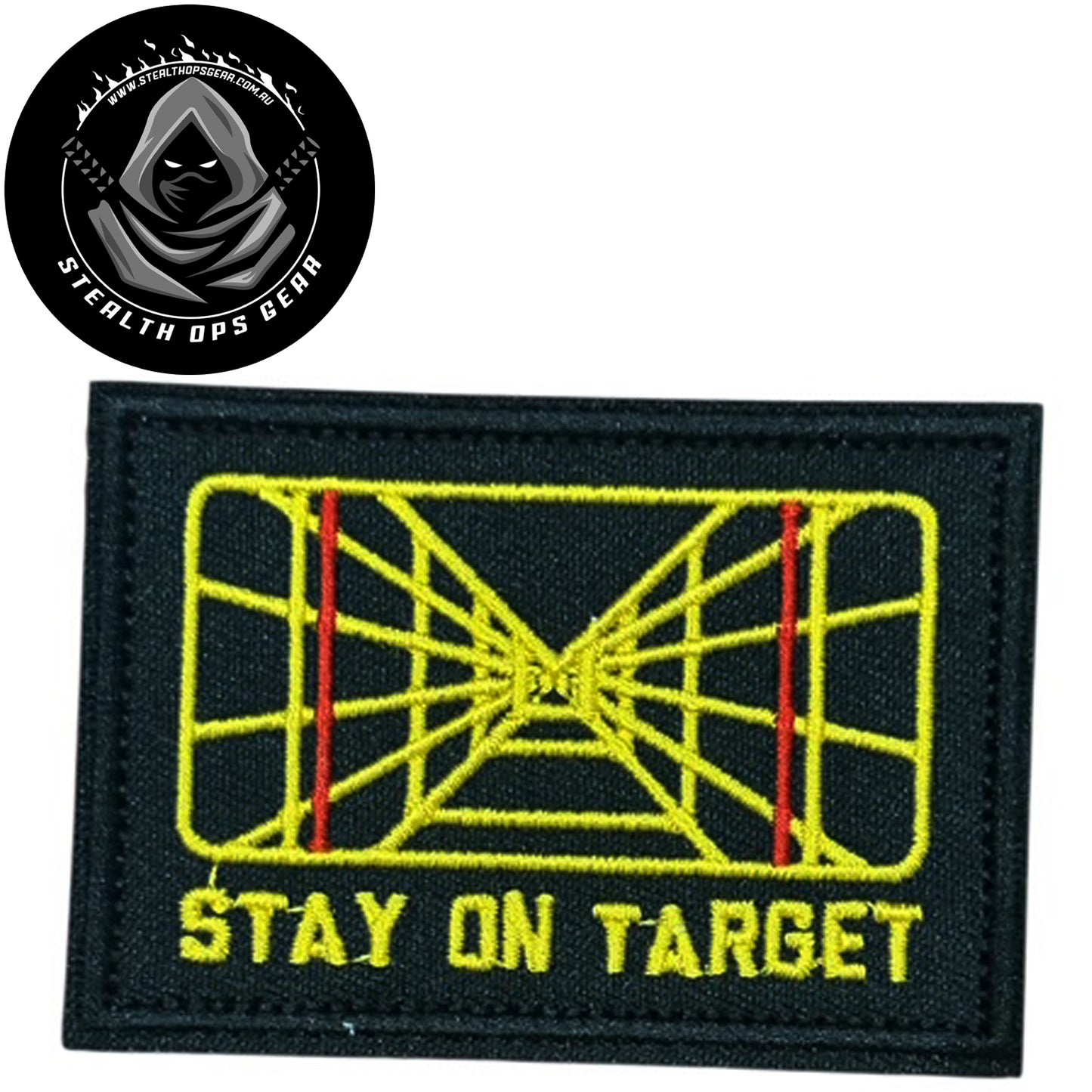 Stay On Target Screen Embroidery Morale Patch - Stealth Ops Gear, measuring 8x5.5cm, is a striking and durable addition to personalize your gear with style and toughness. www.moralepatches.com.au