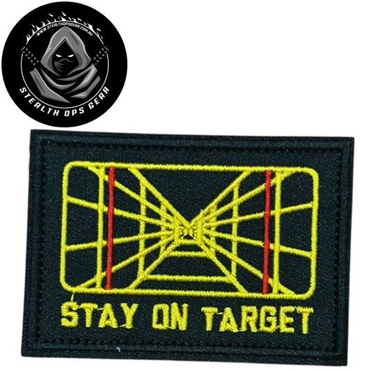 Stay On Target Screen Embroidery Morale Patch - Stealth Ops Gear, measuring 8x5.5cm, is a striking and durable addition to personalize your gear with style and toughness. www.moralepatches.com.au